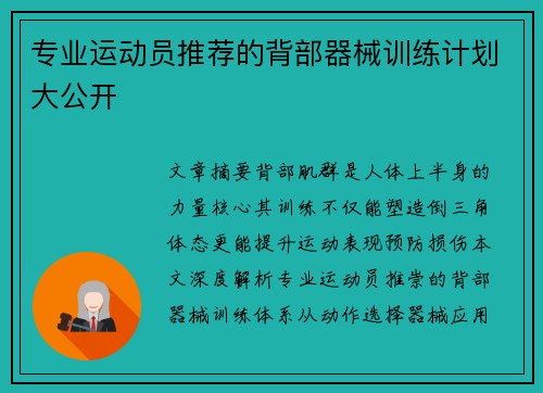 专业运动员推荐的背部器械训练计划大公开